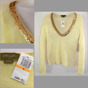 NWT Pure cashmere sweater S $250 Yellow Gold sequin trim V-neck Very light New